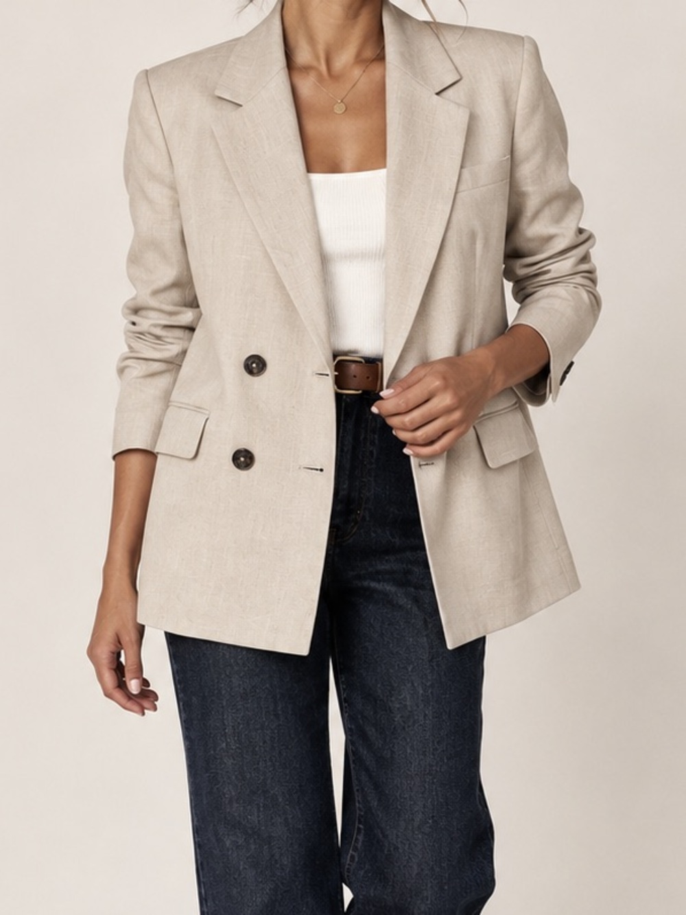 MNG Mango | 100% Linen Double-Breasted Blazer Oatmeal Beige Size Small